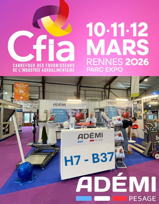 Stand Ademi Pesage au CFIA Rennes 2026, équipements de pesage industriels, stand H7-B37.
