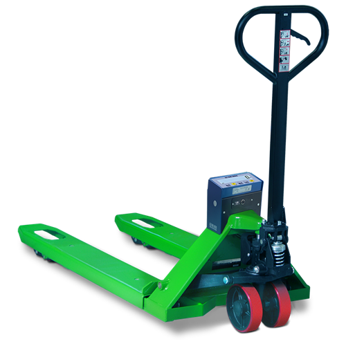 Transpalette peseur vert avec écran numérique, idéal pour pesage industriel chez Ademi Pesage.