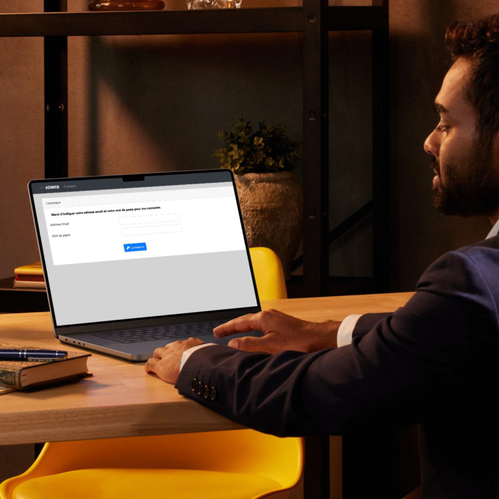 Professionnel utilisant un ordinateur portable pour accéder au logiciel Ademi Pesage.
