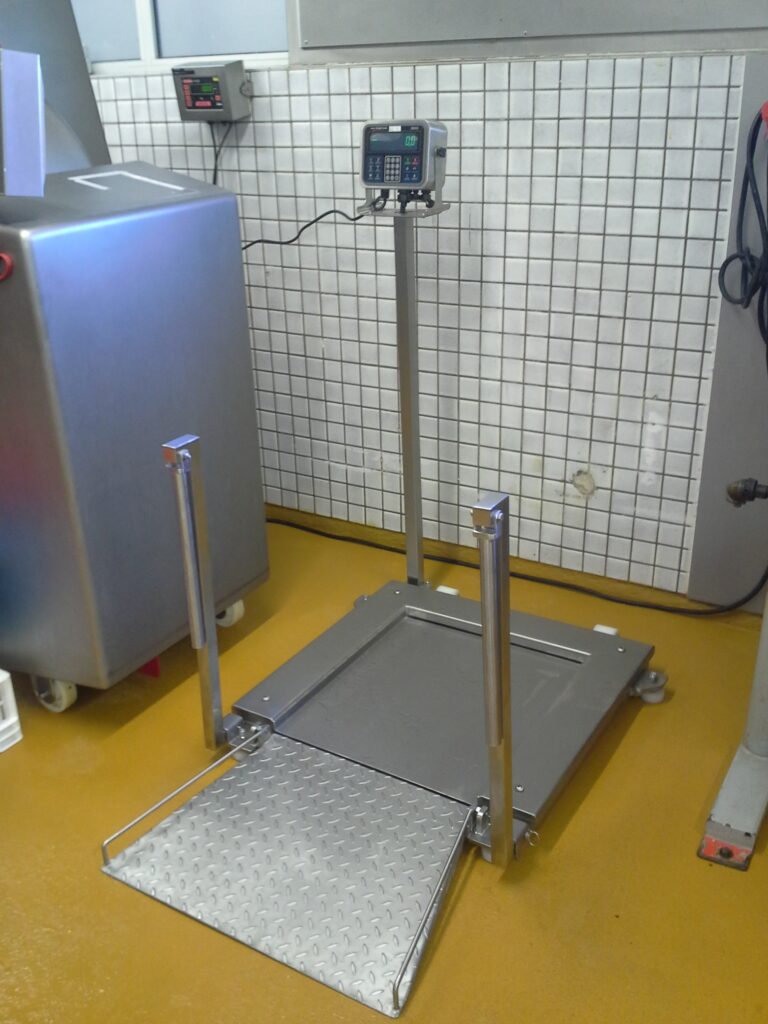 Balance industrielle Ademi Pesage avec afficheur numérique et rampe, sol antidérapant.